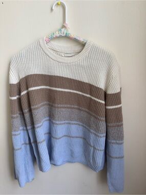 Anthropologie Cream, Brown & Light Blue Striped Crewneck Sweater